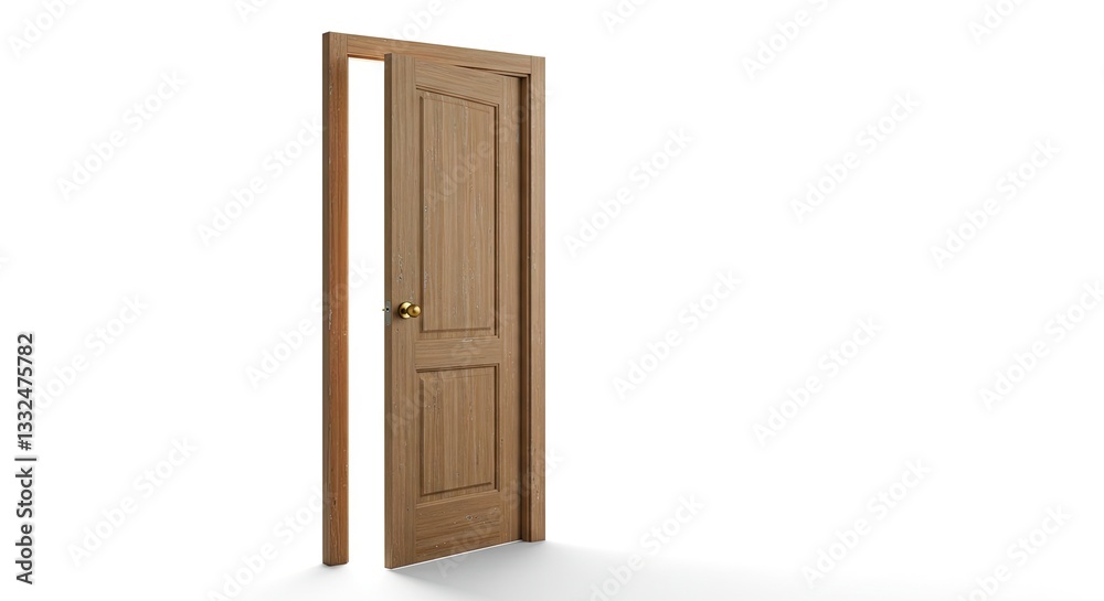Open Wood Door with Golden Handle Revealing Bright Light on White Open Wood Door with Golden Handle Revealing Bright Light on White