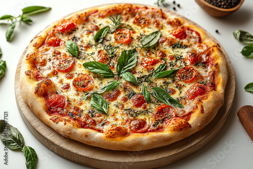 pizza, white background, spices around, 
