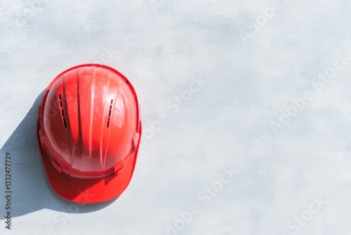single bright red hard hat rests on plain concrete surface with clean lines and ample copy space