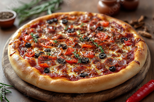 pizza, white background, spices around, 