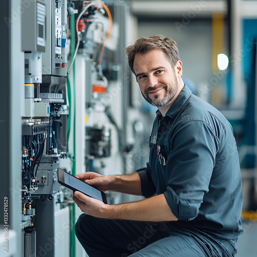 Male field service technician in uniform holding tablet working on electrical systems in factory