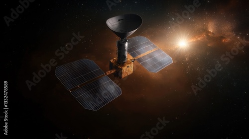 Spacecraft in orbit, cosmic nebula backdrop, exploration photo