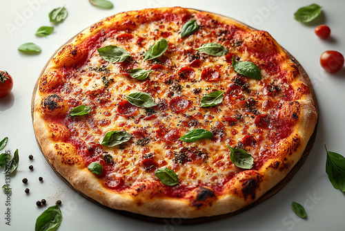 pizza, white background, spices around, 