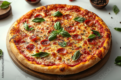 pizza, white background, spices around, 