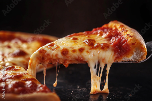 CLOSE UP ON A HOT PIZZA WITH A SLICE PULLING UP WITH THE CHEESE PULLING
