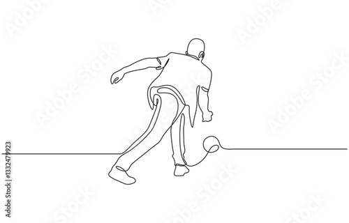 Person throwing a bowling ball to make a strike continuous one line drawing, Single continuous line drawing of young happy bowling player man throw bowling ball to hit pins.