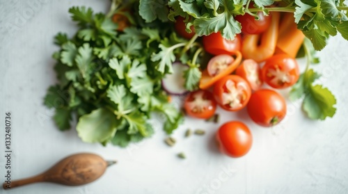 Fresh Vegetables and Herbs on White Background with Wooden Spoon