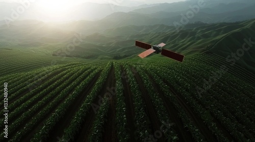 Aerial view of satellite over terraced vineyard landscape