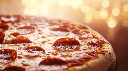 CLOSE UP ON A HOT PIZZA WITH A SLICE PULLING UP WITH THE CHEESE PULLING
