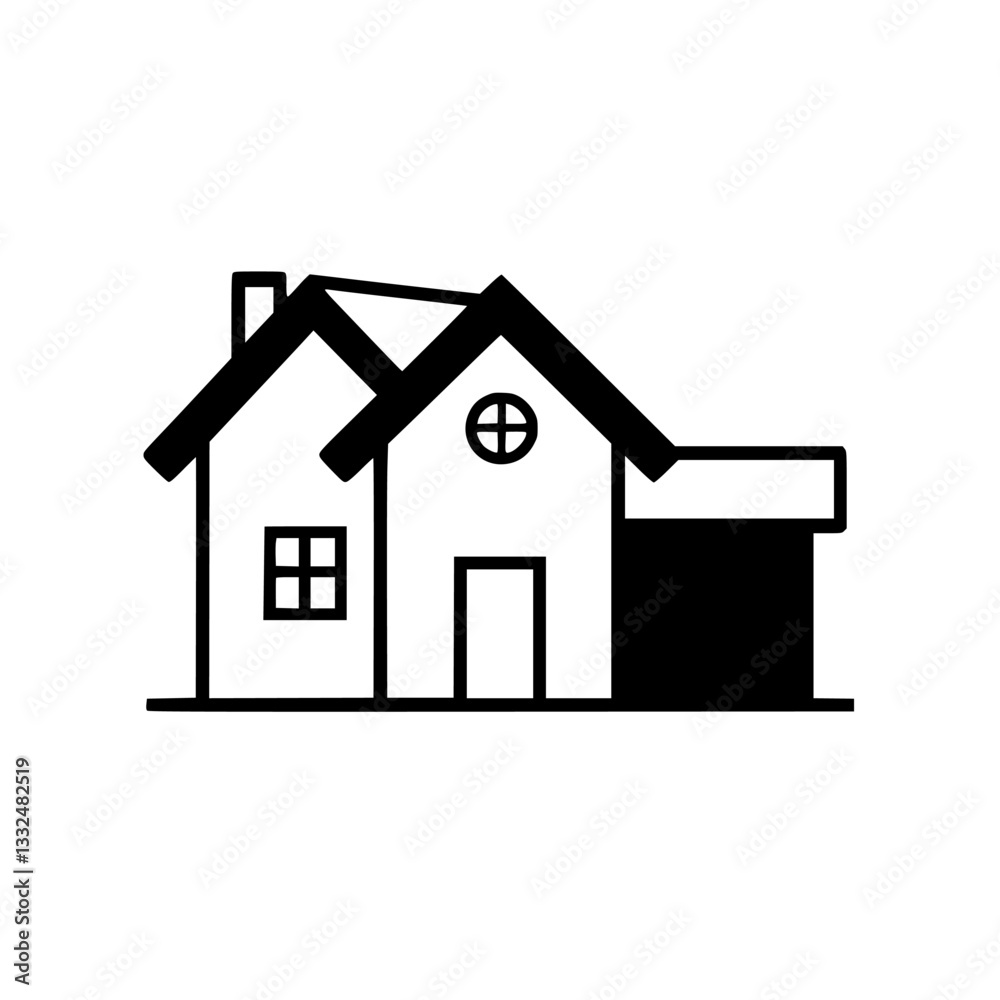 Monochromatic Icon of a Simple Home, Garage and Chimney, Depicting Modern Residential Architecture in a Clean Line Art Style. Monochromatic Icon of a Simple Home, Garage and Chimney, Depicting Modern Residential Architecture in a Clean Line Art Style.