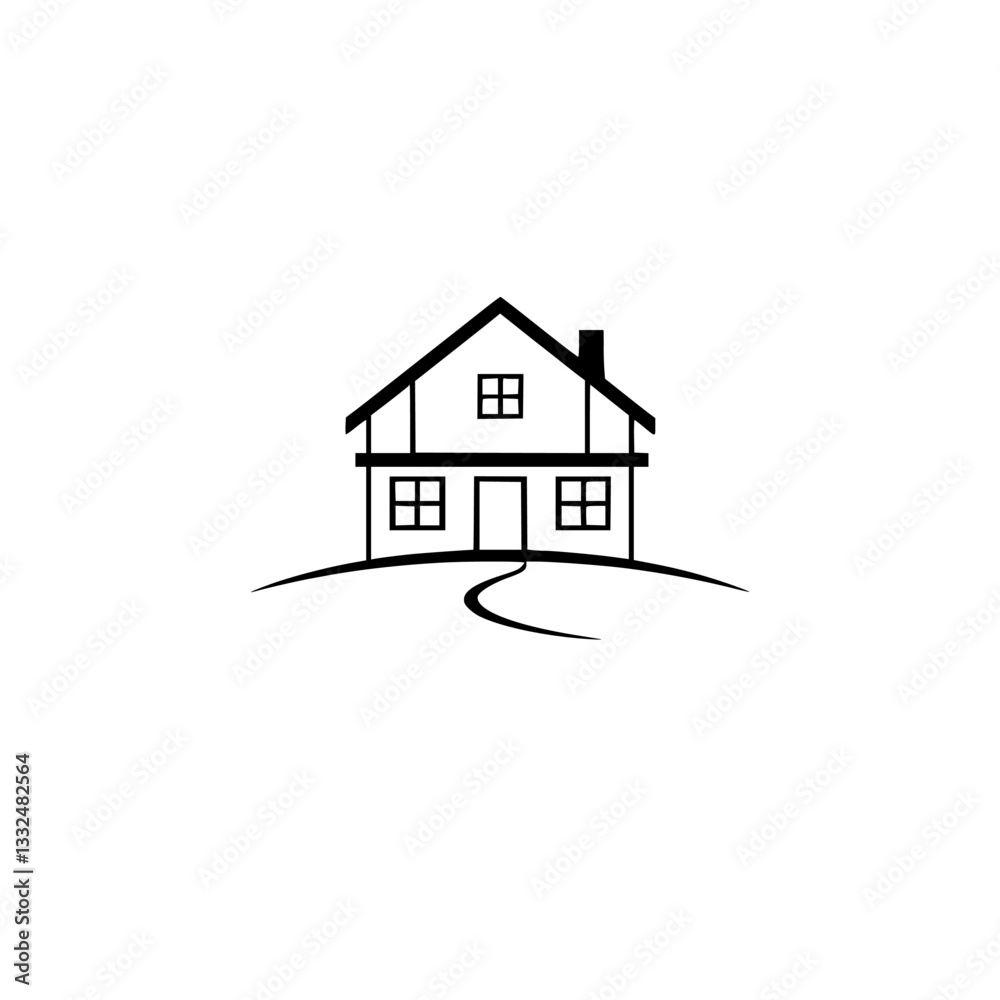 Minimalist Line Art Illustration of a House with Chimney, Windows, Pathway on a Small Hill, Set Against a White Background. Minimalist Line Art Illustration of a House with Chimney, Windows, Pathway on a Small Hill, Set Against a White Background.
