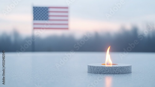minimalistic stock photo of eternal flame burning at war memorial with american flag softly blurred in background photo