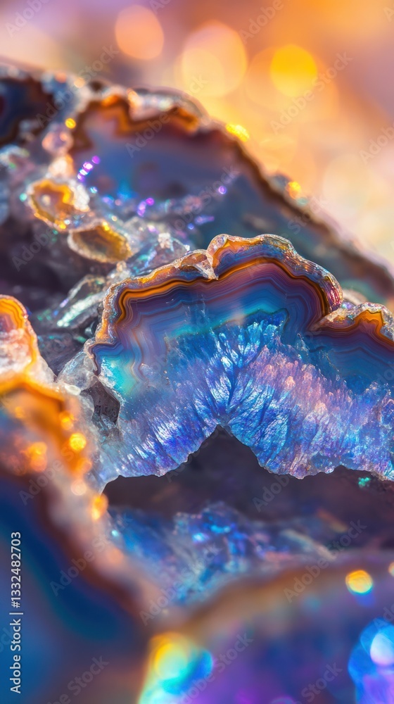 Fototapeta premium Macro shot of natural rainbow agate gem or mineral texture background, organic stones patterns and colors. Abstract geological ornaments unique structures, AI generated