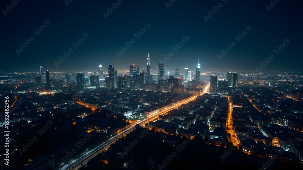 Fototapeta premium Vibrant Cityscape at Night: An aerial view showcases the illuminated skyline of a modern urban metropolis