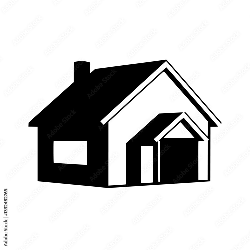 A minimalist black and white vector illustration of a house, with a chimney, contrasting roof, and a small porch detail on a pristine white background, capturing simplicity. A minimalist black and white vector illustration of a house, with a chimney, contrasting roof, and a small porch detail on a pristine white background, capturing simplicity.