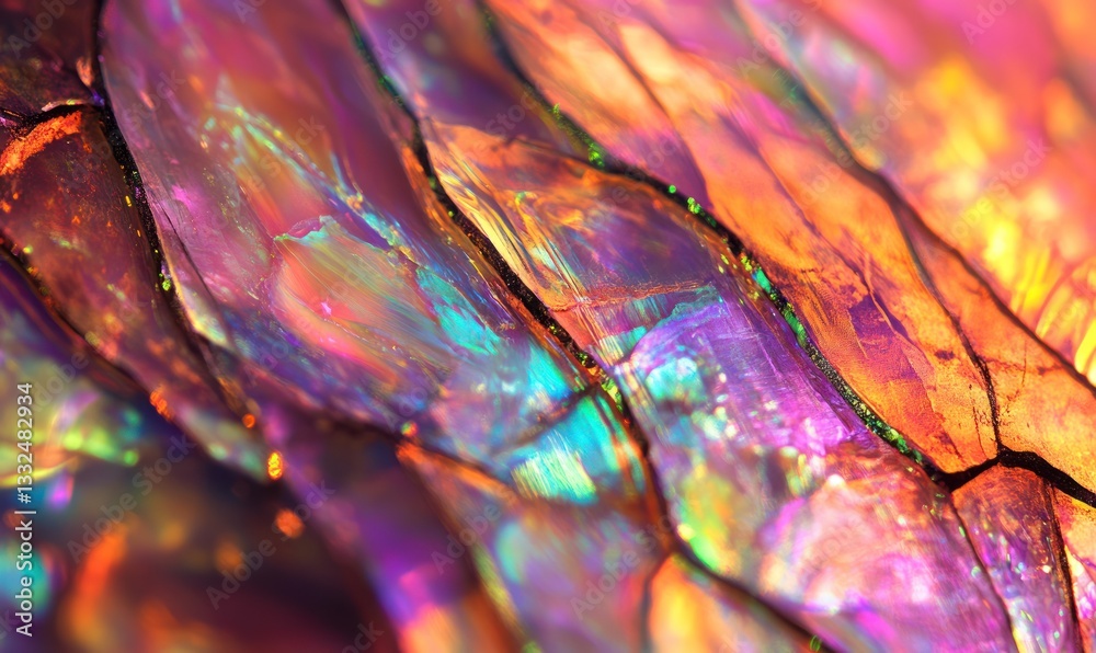 Fototapeta premium Macro shot of natural rainbow opal gem or mineral texture background, organic stones patterns and colors. Abstract geological ornaments unique structures, AI generated