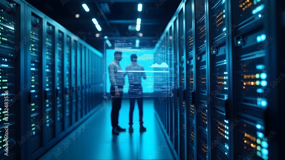 Obraz premium Two IT Professionals Analyzing Data on Hologram Screen in Server Room