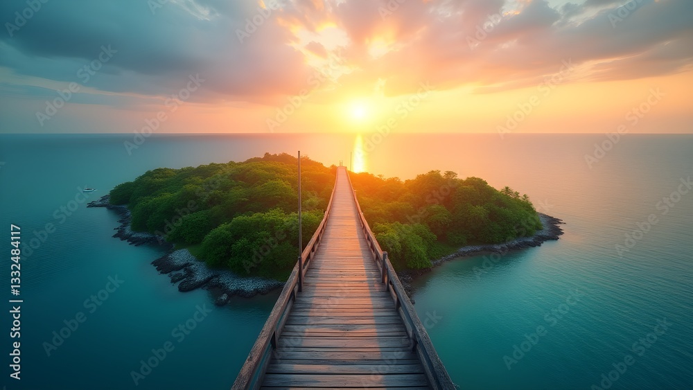 Obraz premium Idyllic Island Connected by Wooden Bridge at Sunrise. A Tropical Seascape Paradise with Azure Waters.