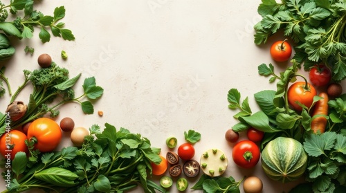 Fresh Vegetables and Herbs Border on Beige Background for Healthy Eating