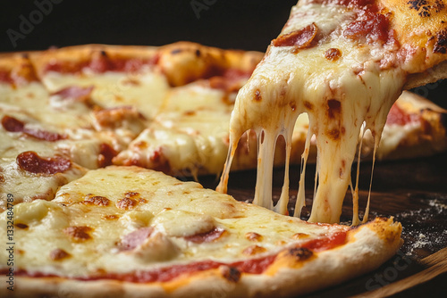 CLOSE UP ON A HOT PIZZA WITH A SLICE PULLING UP WITH THE CHEESE PULLING