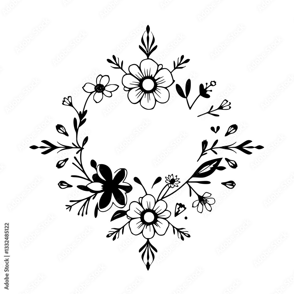 Intricate black and white botanical diamond frame illustration of various flowers, leaves, and stems arranged symmetrically, creating elegant aesthetic. Intricate black and white botanical diamond frame illustration of various flowers, leaves, and stems arranged symmetrically, creating elegant aesthetic.