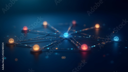 Abstract glowing network of interconnected nodes; digital data transfer and communication concept