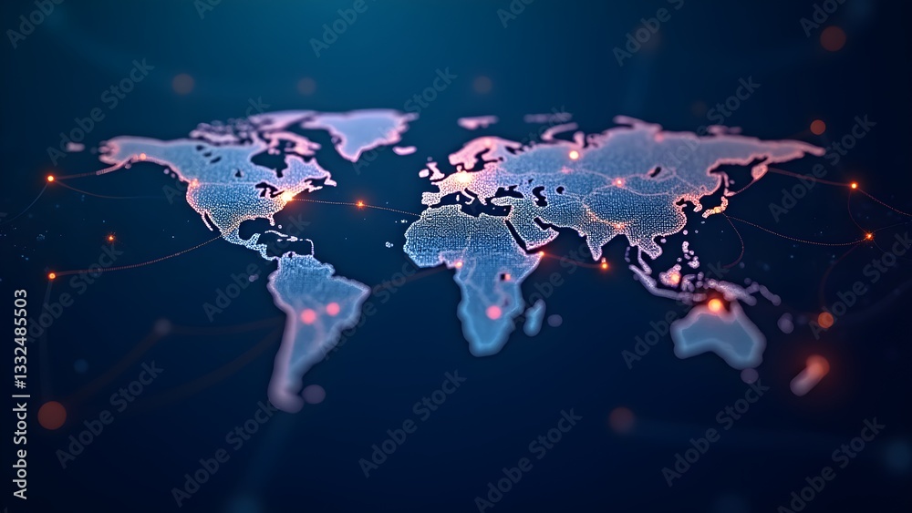Fototapeta premium Abstract digital world map with glowing network connections on a dark blue background, representing global technology.