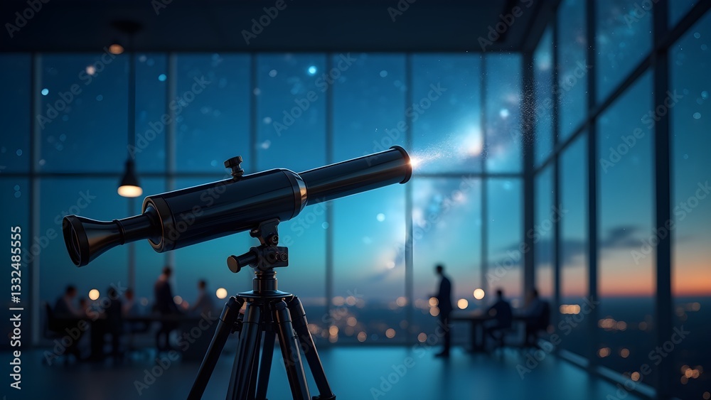 Telescope in Corporate Office at Night Looking at City Lights and Stars with Business Meeting Telescope in Corporate Office at Night Looking at City Lights and Stars with Business Meeting