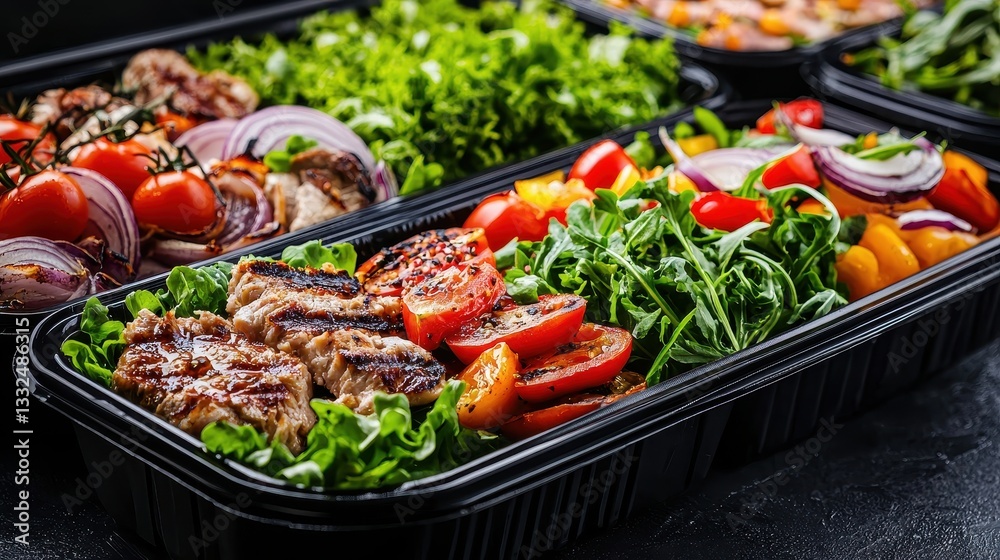A vibrant assortment of fresh salads and grilled meats presented in black containers, showcasing colorful vegetables and greens. A vibrant assortment of fresh salads and grilled meats presented in black containers, showcasing colorful vegetables and greens.