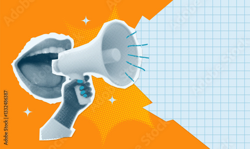 Dotted Halftone collage banner with a mouth screaming into a loudspeaker. Vintage megaphone in retro magazine style. Vector retro pop art.