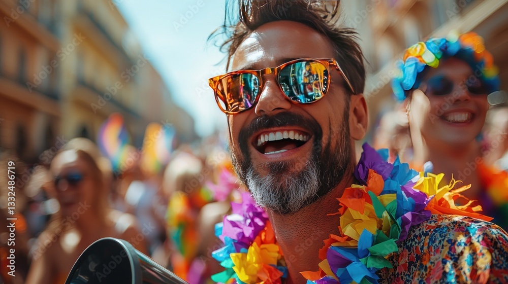 Joyful Man at Pride Parade in Sunny City Street Joyful Man at Pride Parade in Sunny City Street