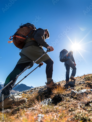 Senderista montañero caminan por la montaña deporte  trekking 
