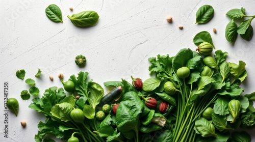 Fresh Green Vegetables and Herbs Flat Lay on White Textured Surface