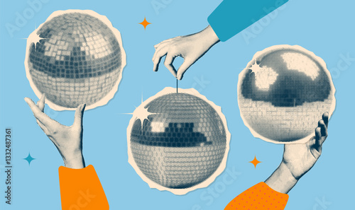 Set of Hans holding sliver disco balls with dotted halftone effect and glitter stars. Vector torn out stickers. Trendy modern paper zine collage design elements. Vector