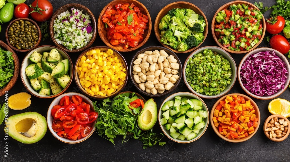 A vibrant arrangement of fresh vegetables and herbs in bowls, showcasing a colorful variety of healthy ingredients. A vibrant arrangement of fresh vegetables and herbs in bowls, showcasing a colorful variety of healthy ingredients.