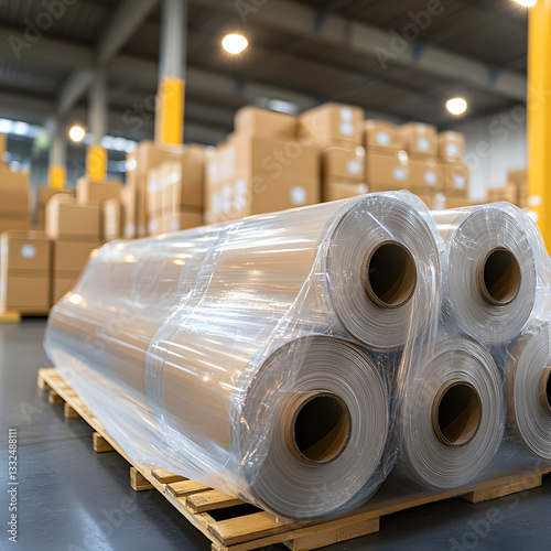 almacén industrial con rollos de material de embalaje apilados sobre un pallet de madera y envueltos en plástico transparente. En el fondo, se pueden ver varias cajas de cartón organizadas en pilas.