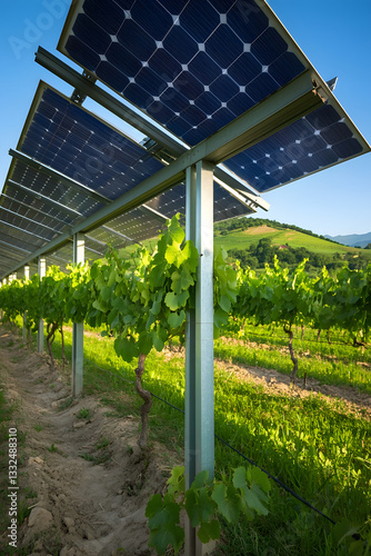 viñedo con paneles solares instalados sobre las filas de vides. Los paneles solares están montados en estructuras elevadas, permitiendo que las plantas crezcan debajo de ellos. 