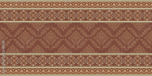 Seamless golden brown Damask fabric pattern, luxurious symmetrical floral pattern, decorative border, suitable for textile design, wallpaper or background.