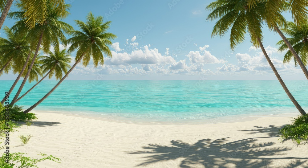 Obraz premium Tropical Paradise: Idyllic Beach Scene with Lush Palm Trees and Turquoise Waters