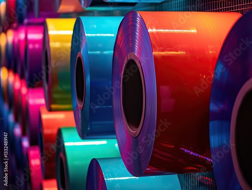Vibrant Rolls of Colorful Industrial Printing Material with Reflective Glossy Surfaces