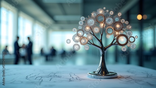 Mechanical Tree of Growth Symbolizes Business Progress on Blueprint with Meeting of Businessmen in Background