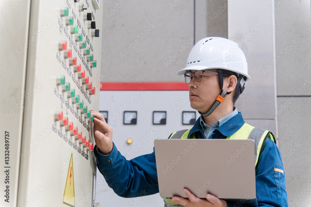 Asian engineers are working in the power distribution room. Asian engineers are working in the power distribution room.