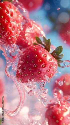 Un vibrante primer plano de fresas rodeadas de burbujas de agua, brillando bajo una luz suave y refrescante.
