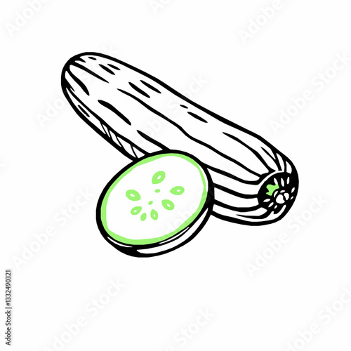 black outline vector of a cucumber with sliced pieces, representing refreshing and hydrating vegetables