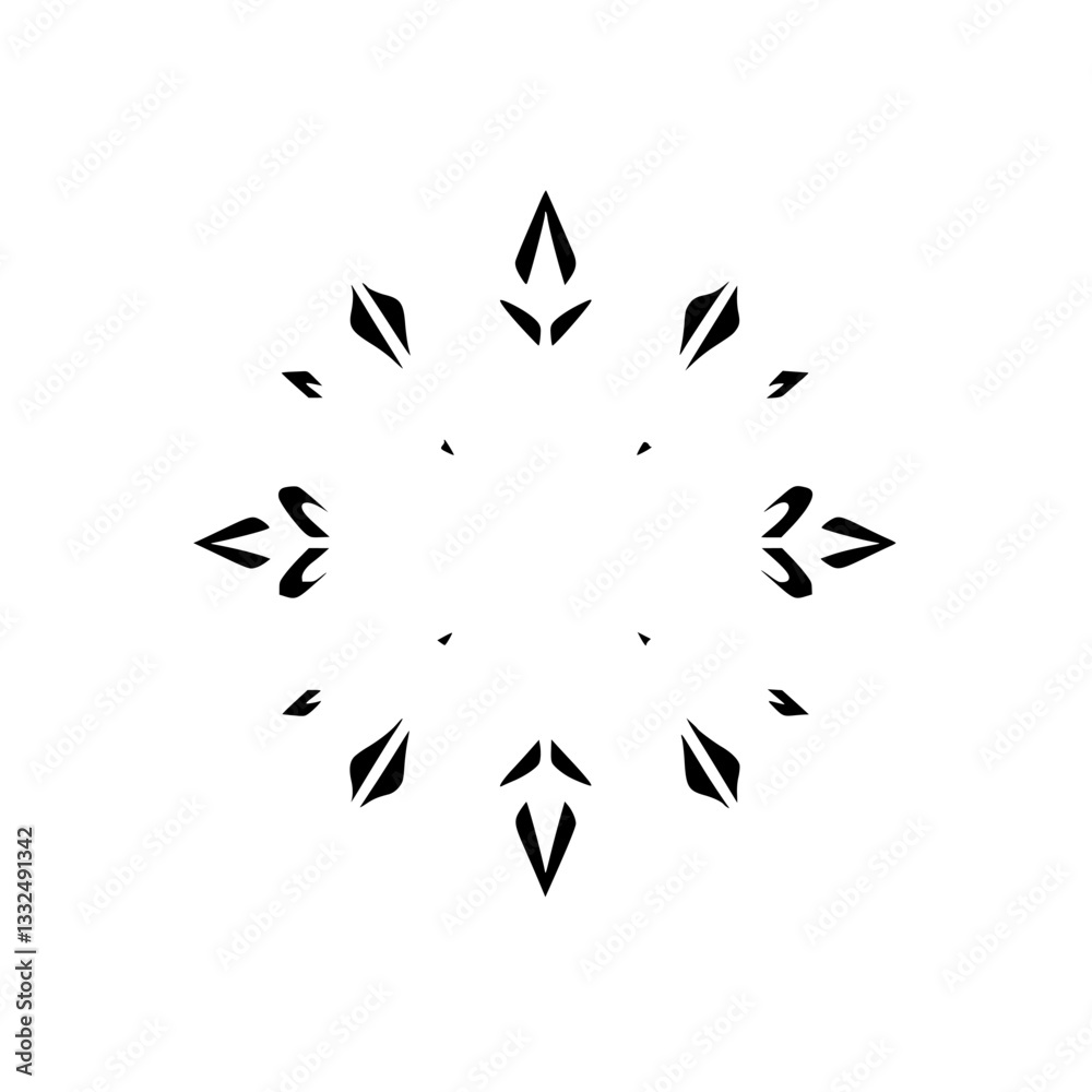 Obraz premium A minimalist, symmetrical snowflake design, featuring sharp, black, arrow-shaped accents against a clean, white background.