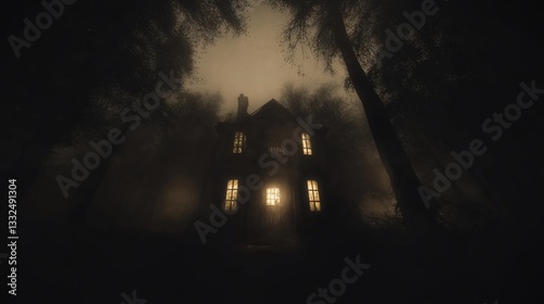 Foggy Forest House at Night, Lit Windows photo