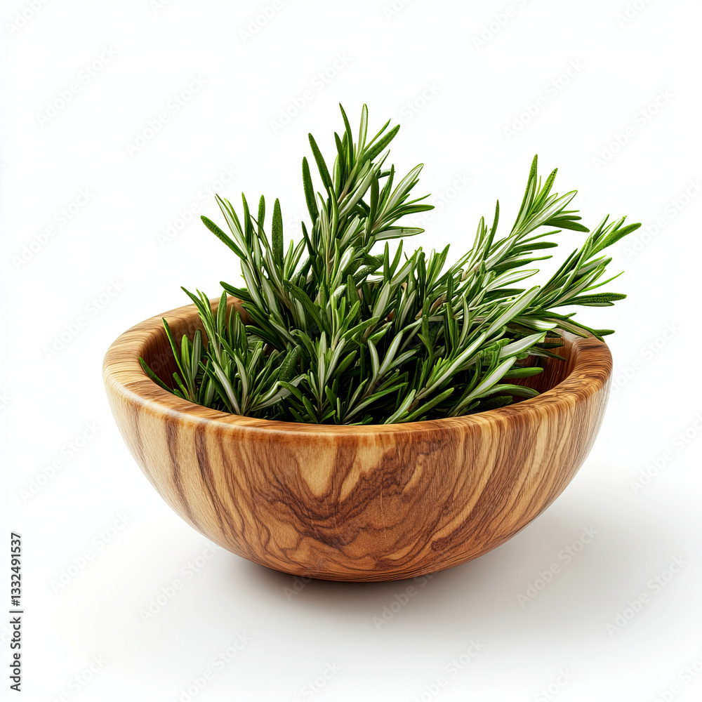 Fresh Green Rosemary Sprigs in a Wooden Bowl Isolated on White Background, Aromatic Culinary Herb Fresh Green Rosemary Sprigs in a Wooden Bowl Isolated on White Background, Aromatic Culinary Herb