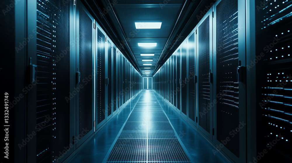 Futuristic data center hallway with glowing servers and lights. Futuristic data center hallway with glowing servers and lights.