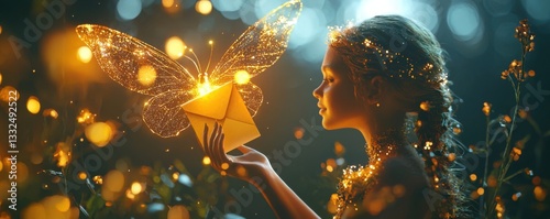 A girl with glowing butterflies in a magical forest, surrounded by shimmering lights, embodies a dreamlike, enchanting atmosphere.