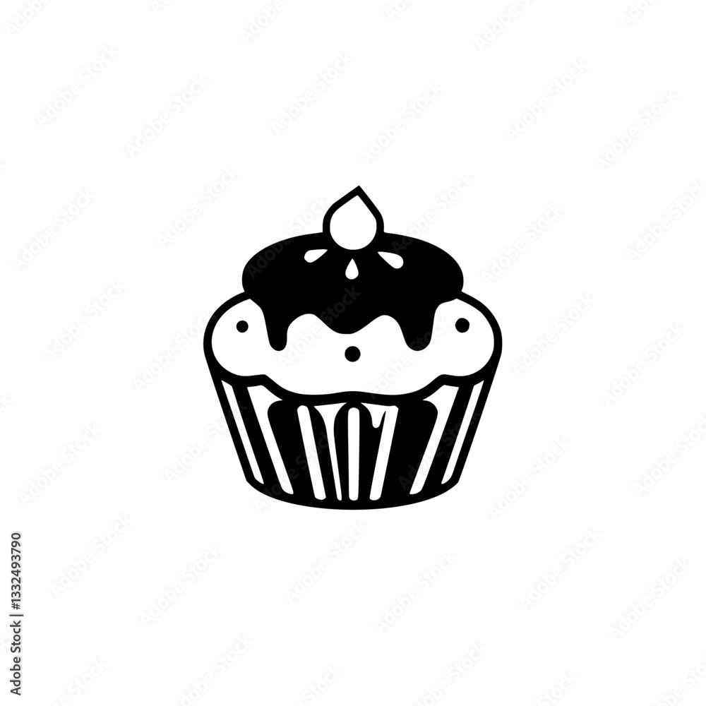 A minimalist black and white illustration of a single cupcake, featuring a swirl of frosting, a chocolate topping, and a simple liner. A minimalist black and white illustration of a single cupcake, featuring a swirl of frosting, a chocolate topping, and a simple liner.